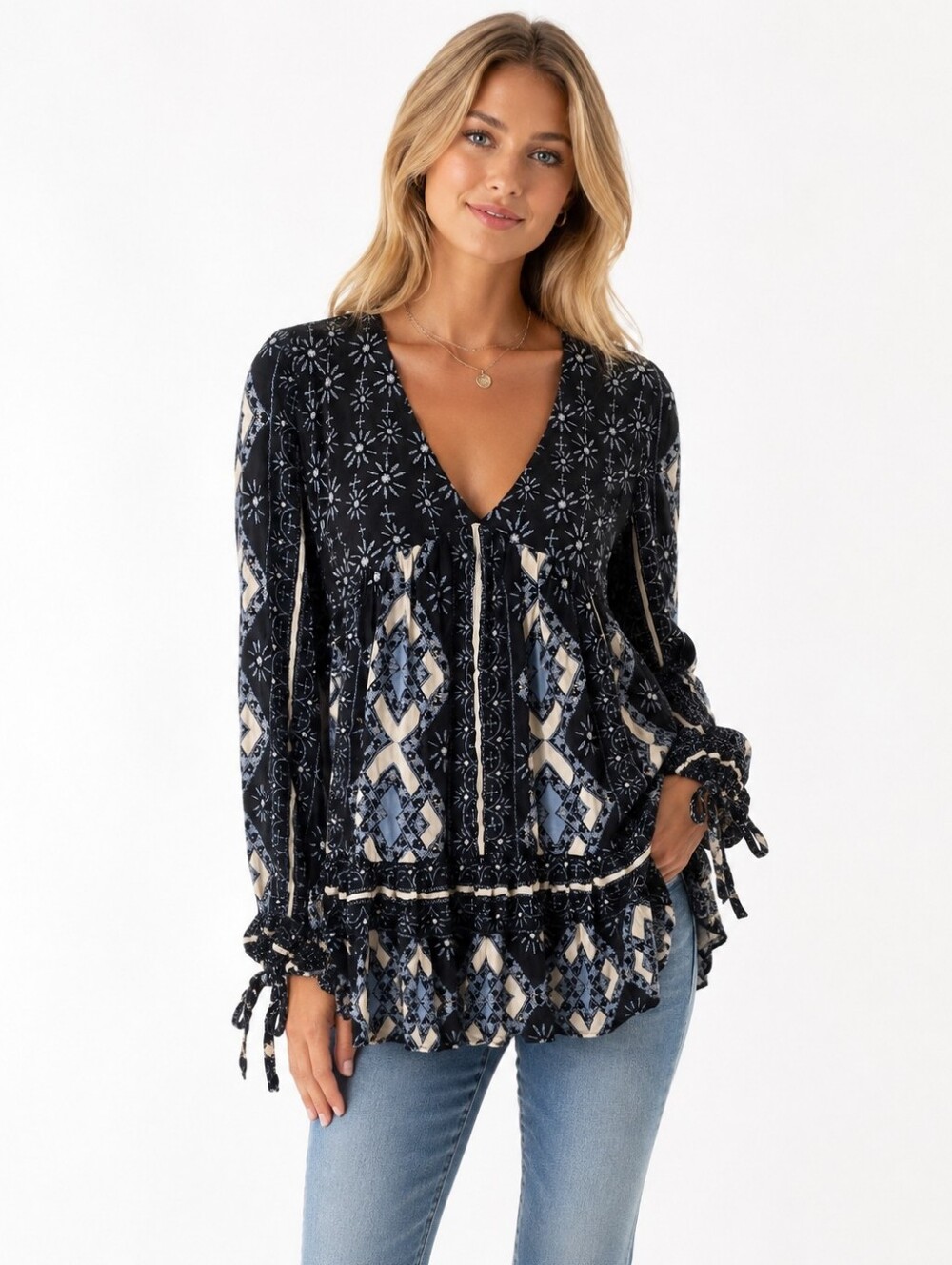 Free People Boho Printed Tunic Blouse Small Black Blue Rayon Long Sleeve
